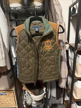 Ralph Lauren Womens XS Quilted Olive Green Vest with Suede Accents